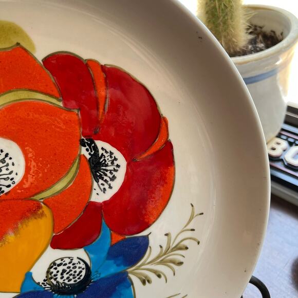Vintage Mancieli Plate 1960s Italy orange red blue poppy - Picture 4 of 9